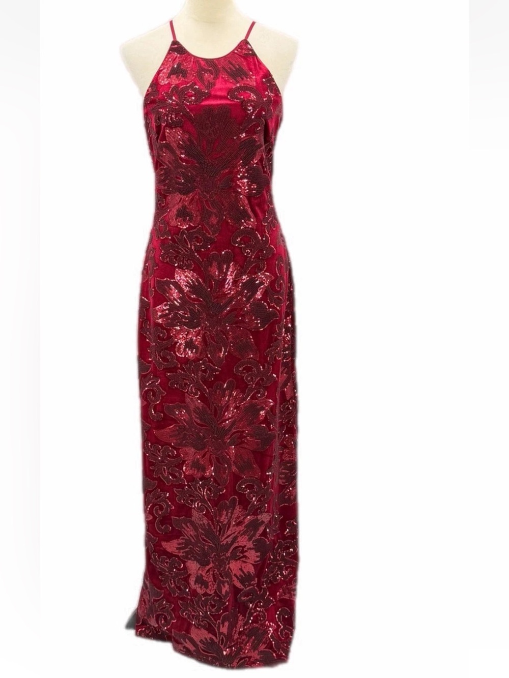 Badgley Mischka Red Sequined Floral Maxi Dress